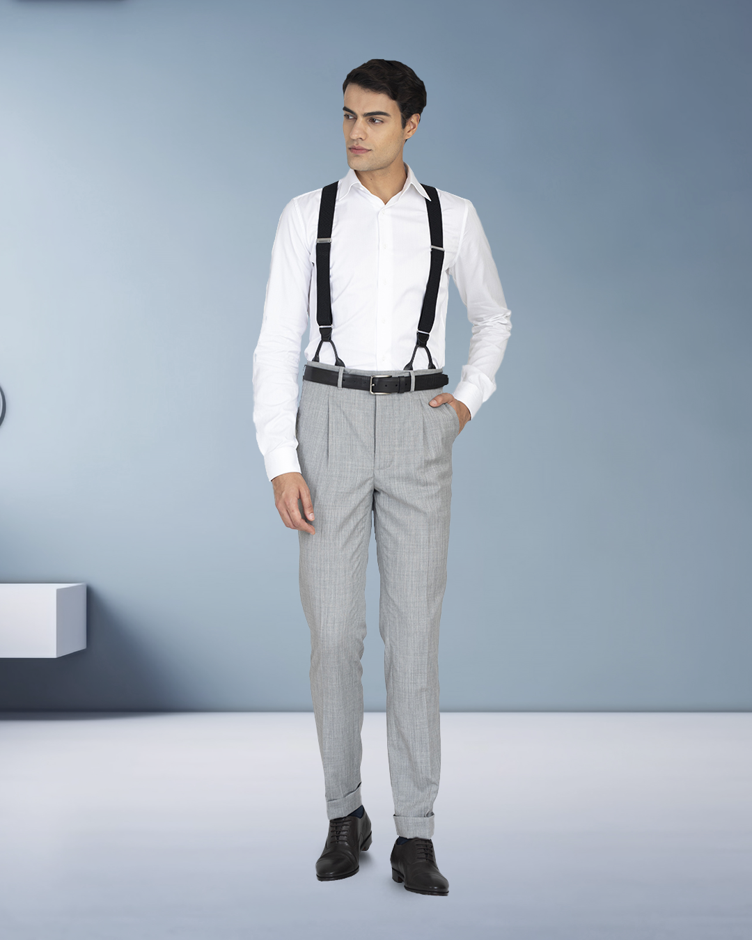 Grey Pants with White Shirt and Suspenders