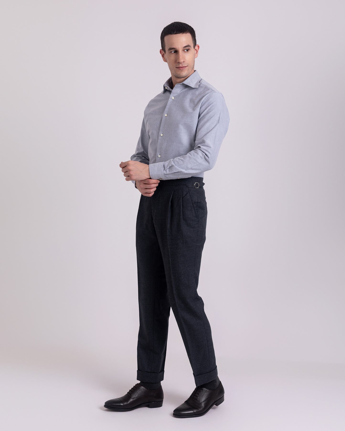 Pleated Dugdale Dark Grey Wool Flannel Dress Pant