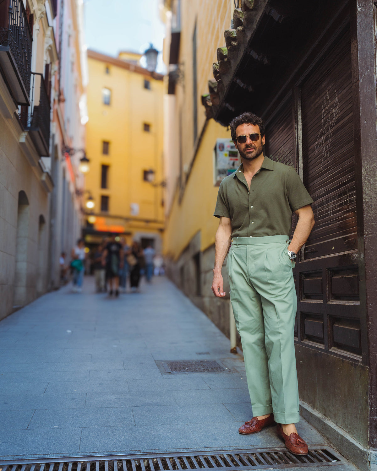 Pleated Pistachio Green Cotton Twill Pant - 2