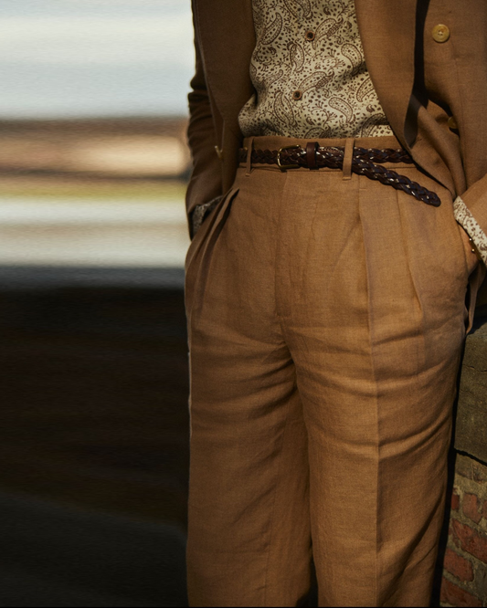 Pleated Golden Brown Linen Dress Pant