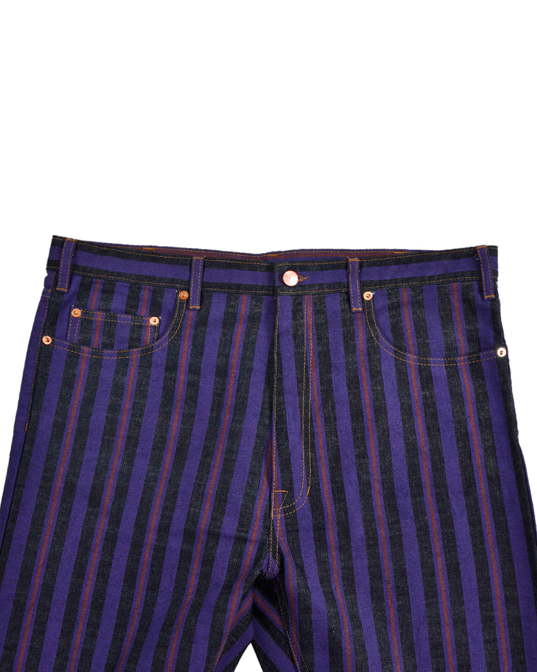 Purple Stripes On Indigo Denim Jeans