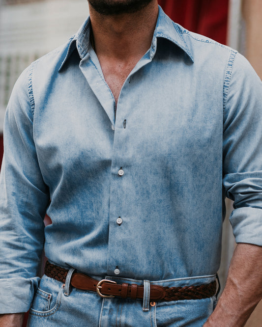 Fade Washed Light Blue Denim Chambray Shirt