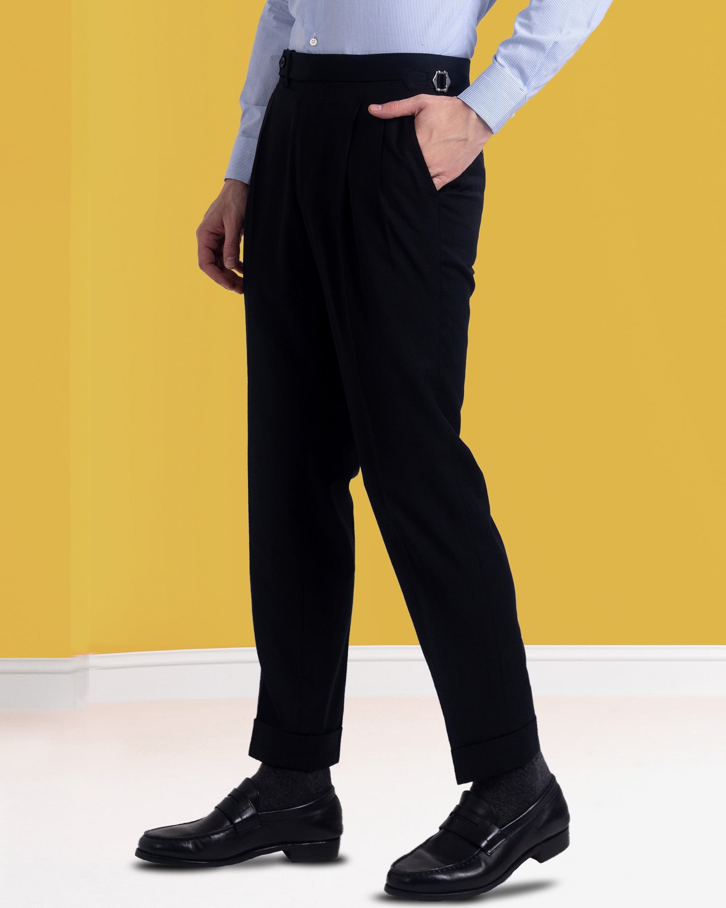 Pleated Black Washable Wool Pant