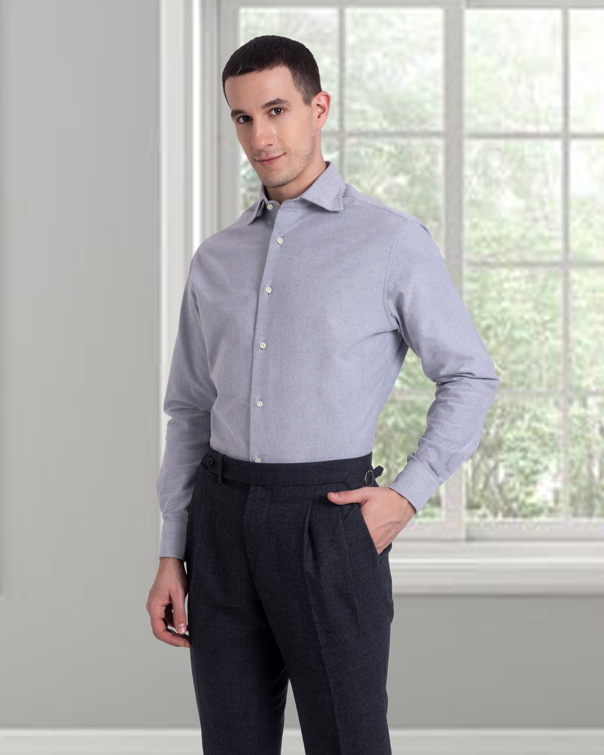 Pleated Dugdale Dark Grey Wool Flannel Dress Pant - 4