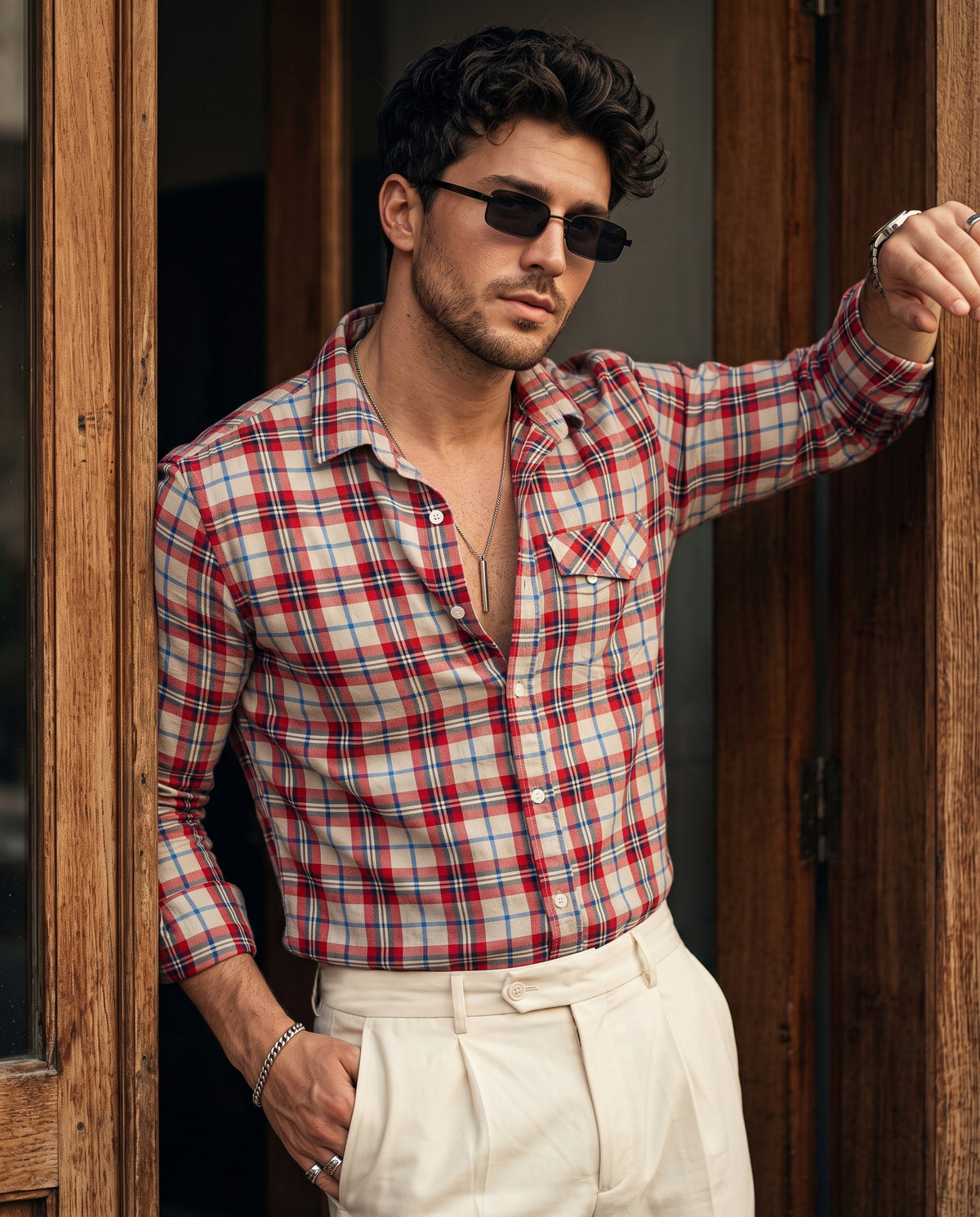 Red Navy Cream Twill Madras Checks - 1