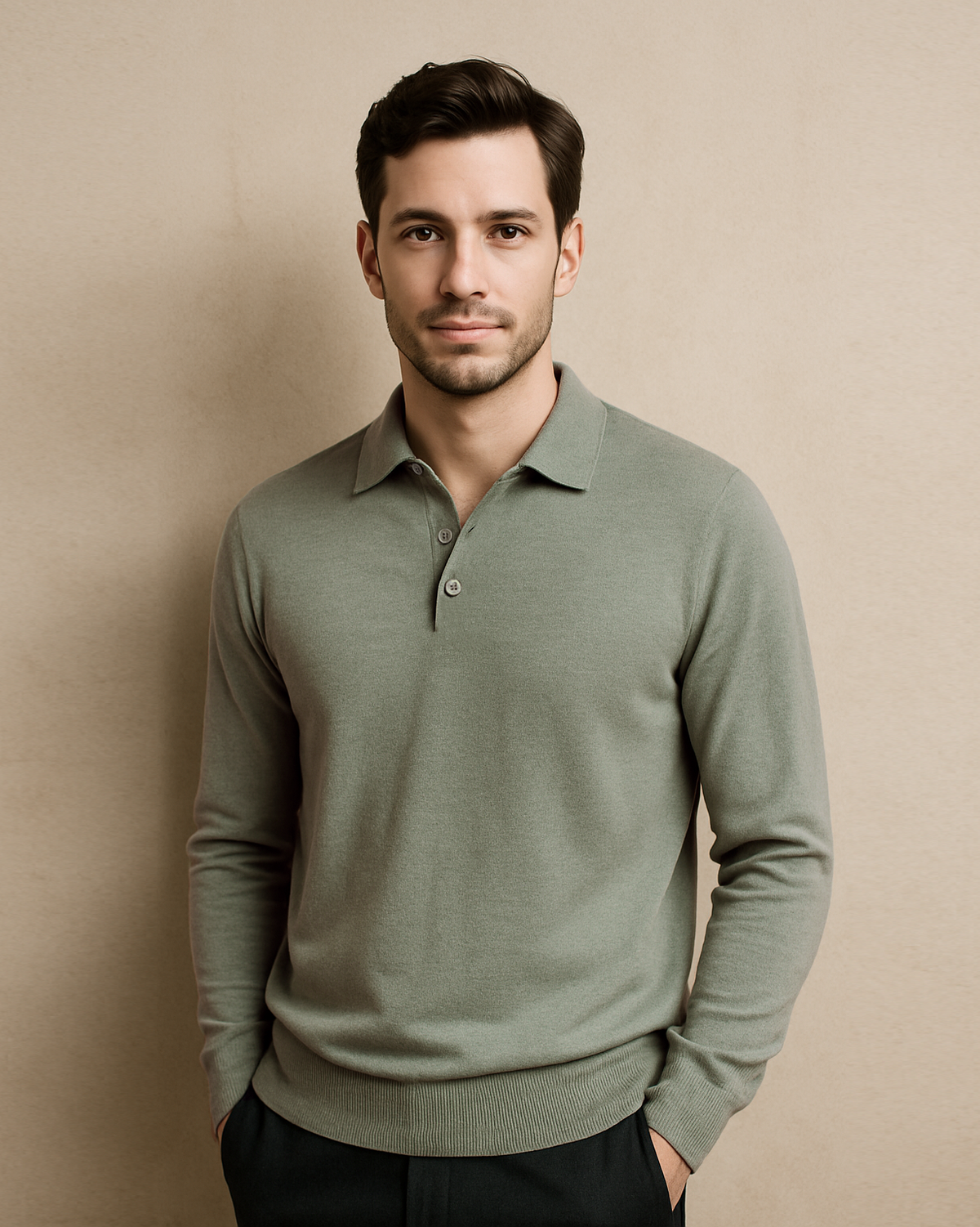 EZS Merino Wool Pale Olive  Long Sleeve Polo - 2