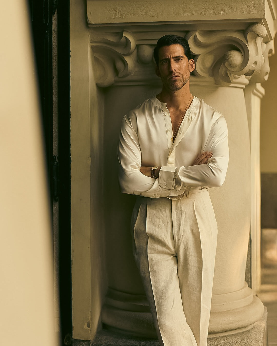 Cream Silk Band Collar Shirt — Luxire Custom Clothing