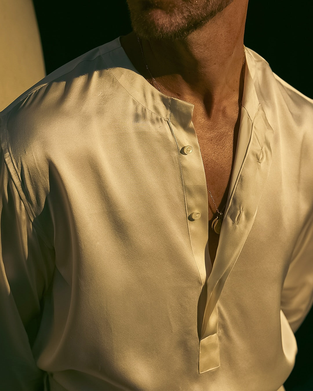Cream Silk Band Collar Shirt - 5