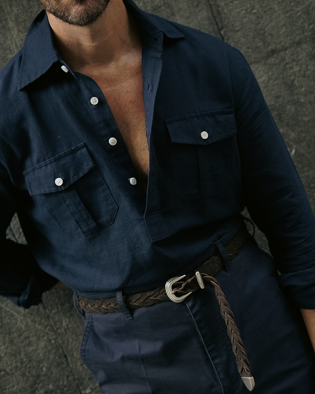Navy Cotton Twill High Rise Cargo Pant