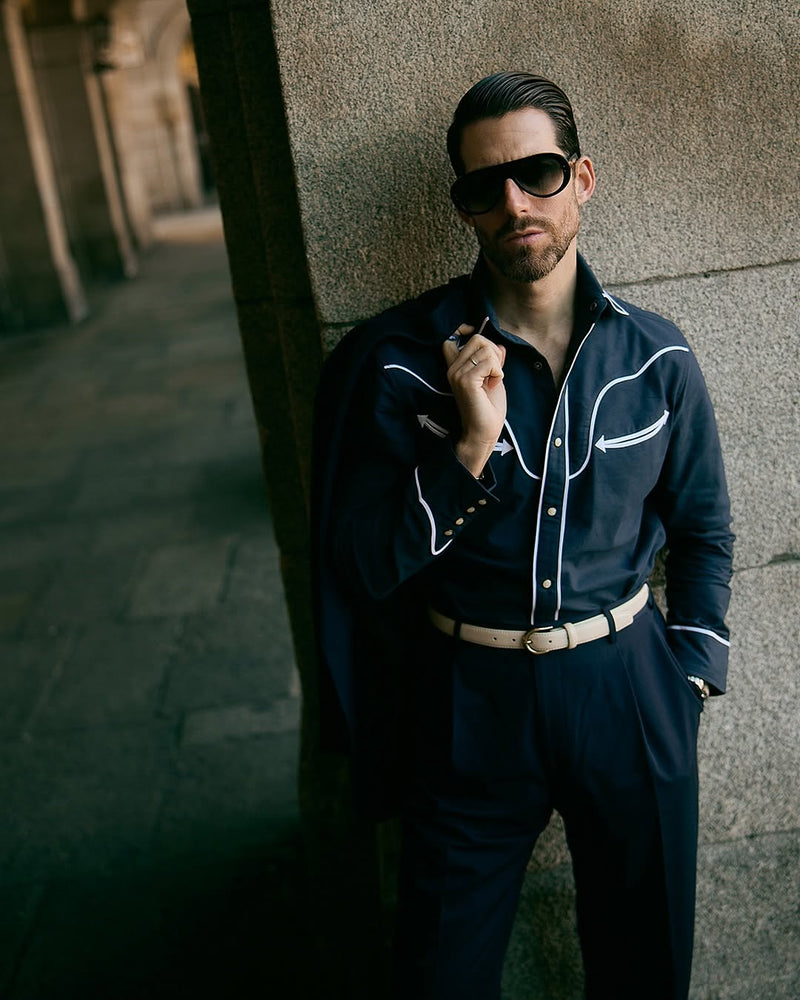 Navy Pinpoint Oxford Sartorial Western Shirt — Luxire Custom Clothing