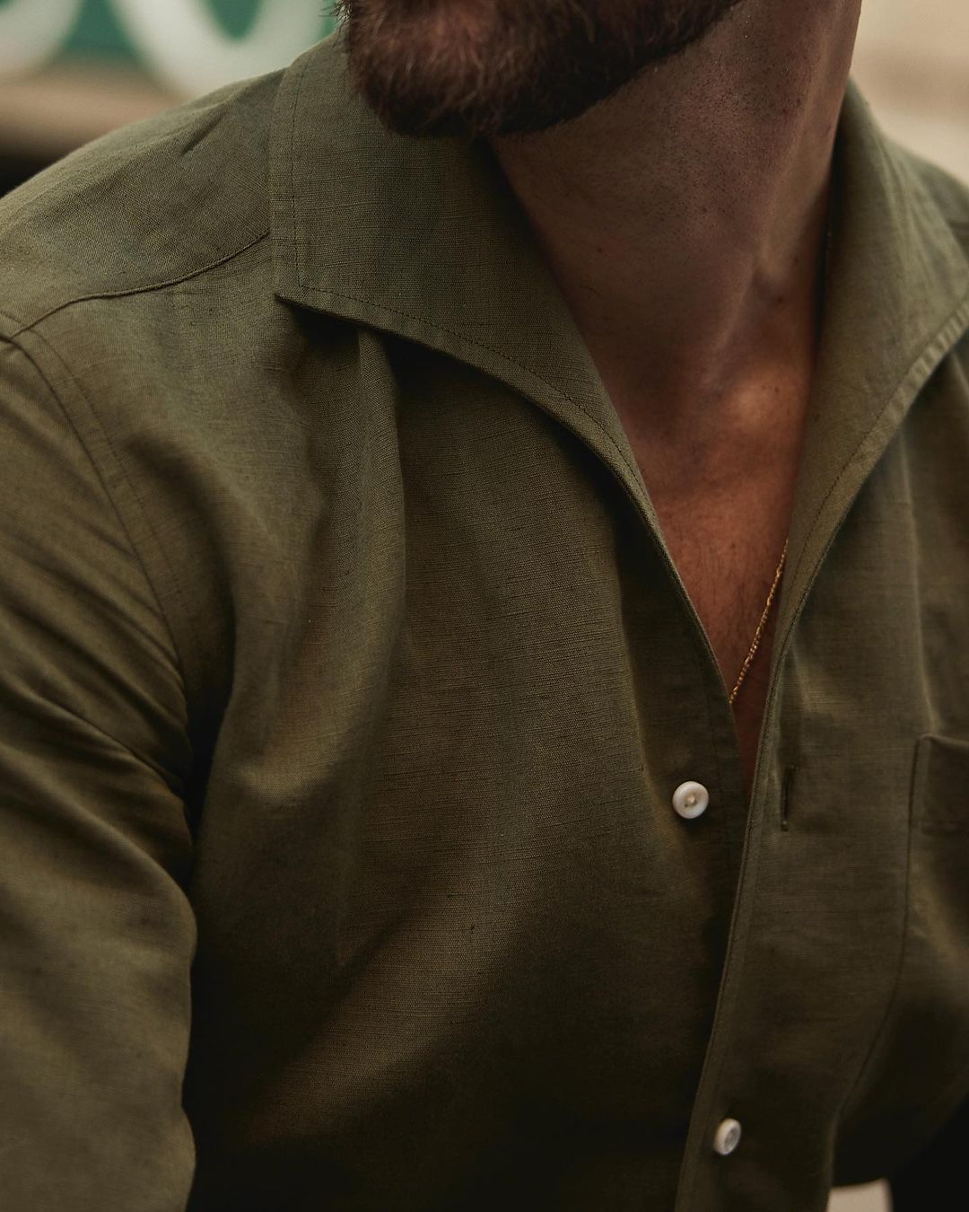Summer Olive Linen Shirt with one piece collar placket