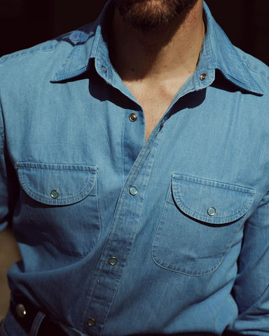 Fade Washed Indigo Denim Chambray Shirt