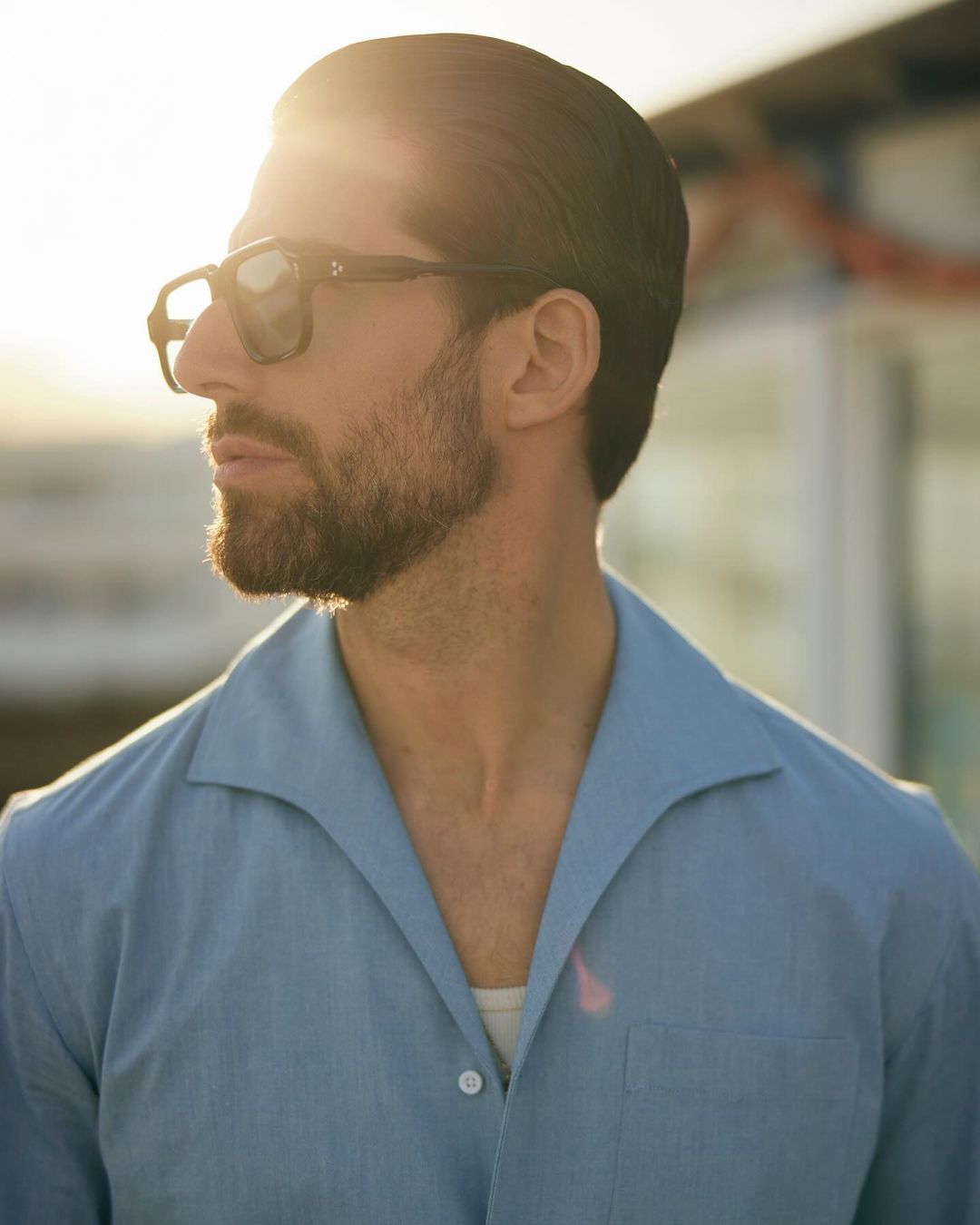 Men's Air Blue Casual Chambray Shirt with one piece collar placket â Luxire Custom Clothing