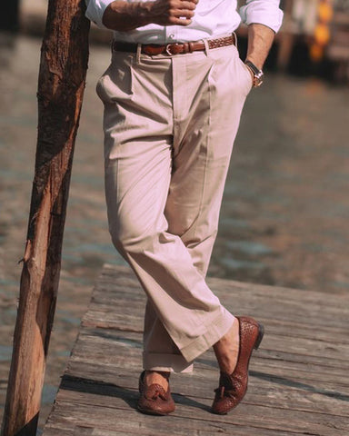 Pleated Beige Cotton Twill Pant