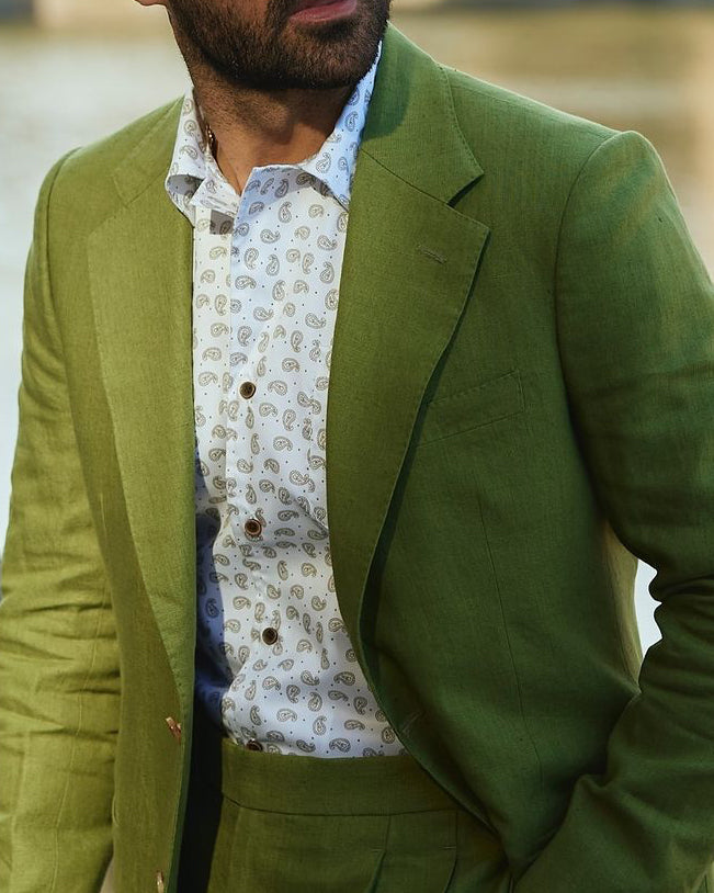 Camp Collar Shirt in Khaki Paisley Print on White - 2