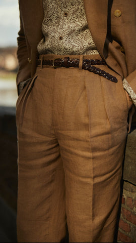Pleated Golden Brown Linen Dress Pant