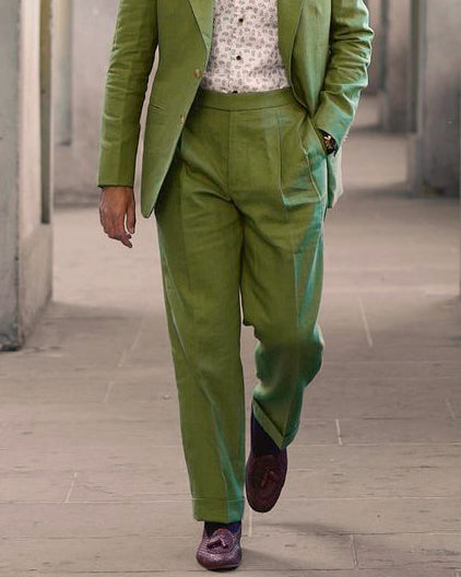 Pleated Fern Green Linen Dress Pant