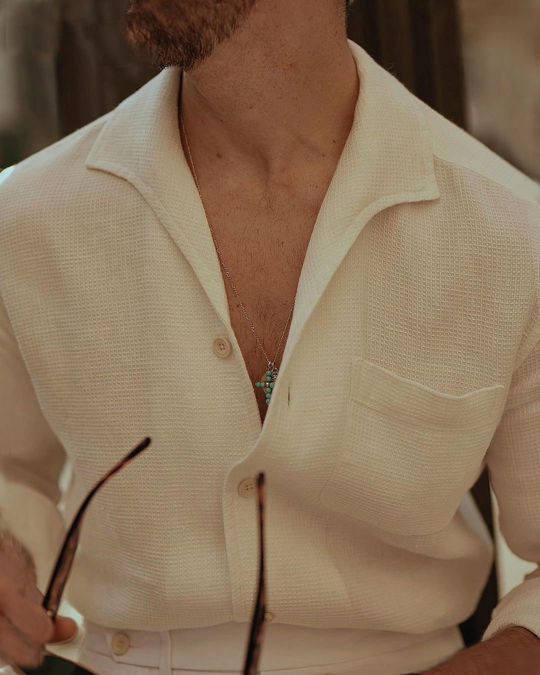 Summer Off-White Shirt in Soft Wash Honeycomb Linen with one piece collar placket