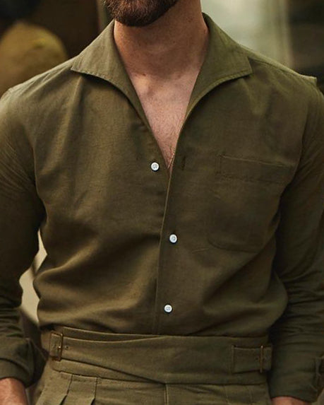 Custom Men's Summer Olive Linen Shirt with one piece collar