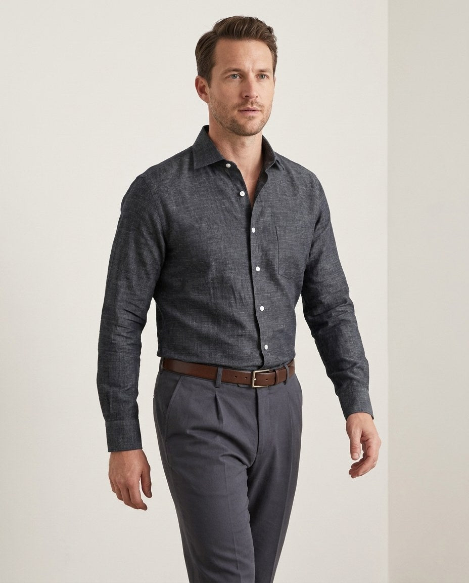Cotton Linen: Greyish Navy Chambray Shirt - 1