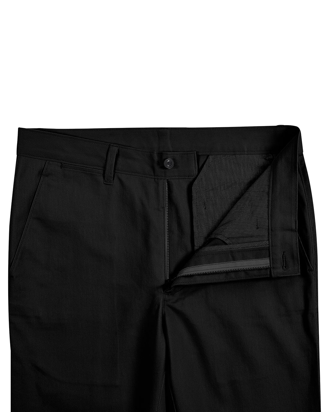 Open front view of custom Genoa Chino pants for men by Luxire in black