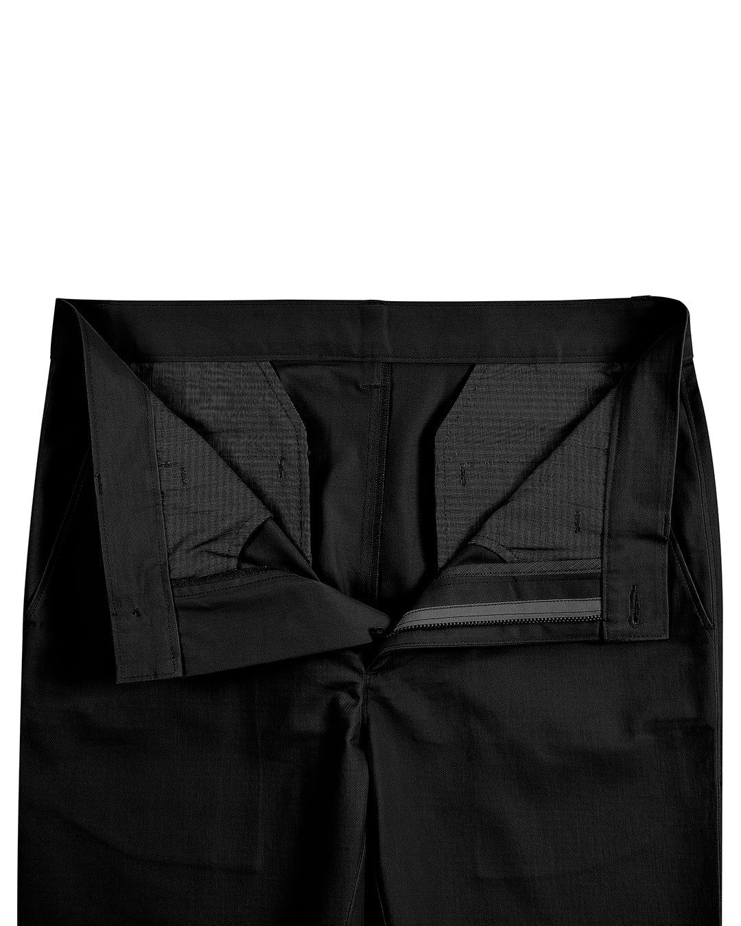 Front open view of custom Genoa Chino pants for men by Luxire in black