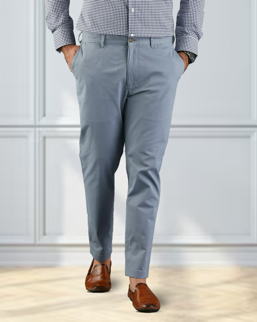 Model  wearing custom Genoa Chino pants for men by Luxire in soft blue grey