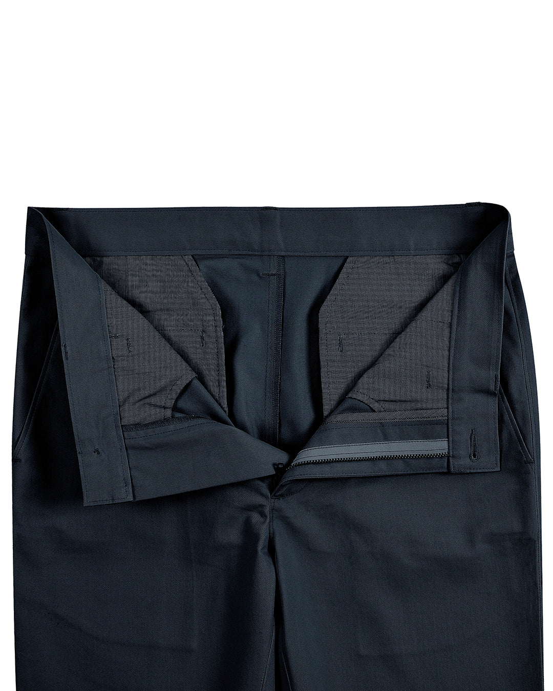 Open front view of custom Genoa Chino pants for men by Luxire in dark teal blue