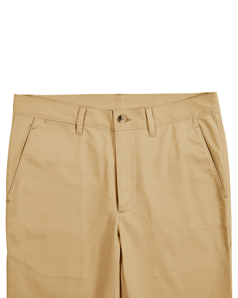 Front view of custom Genoa Chino pants for men by Luxire in golden corn