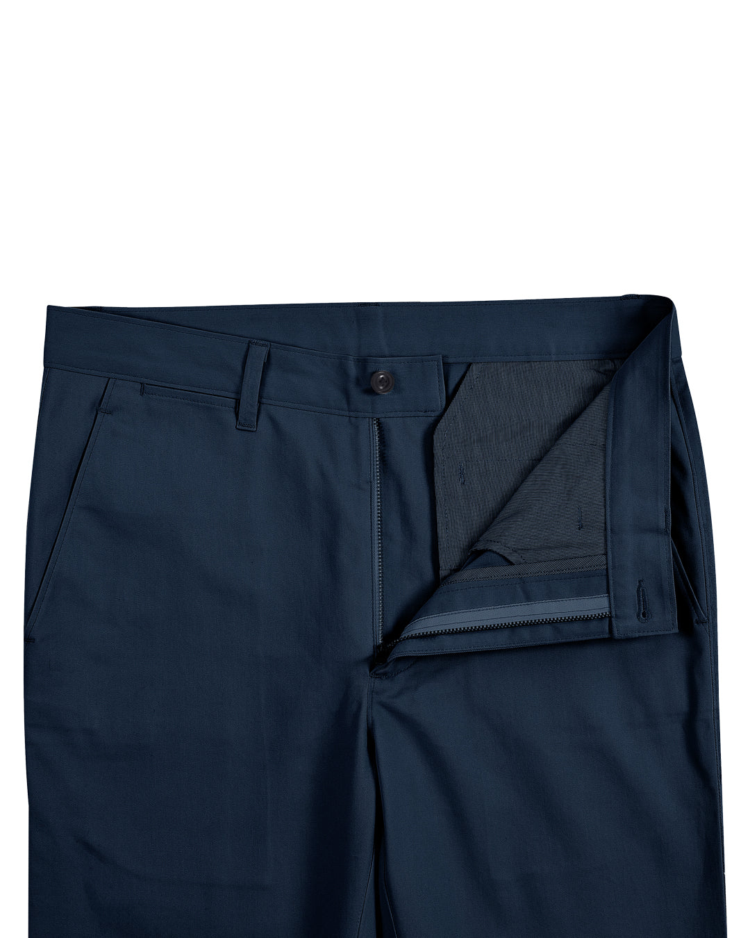 Open front view of custom Genoa Chino pants for men by Luxire in ink blue