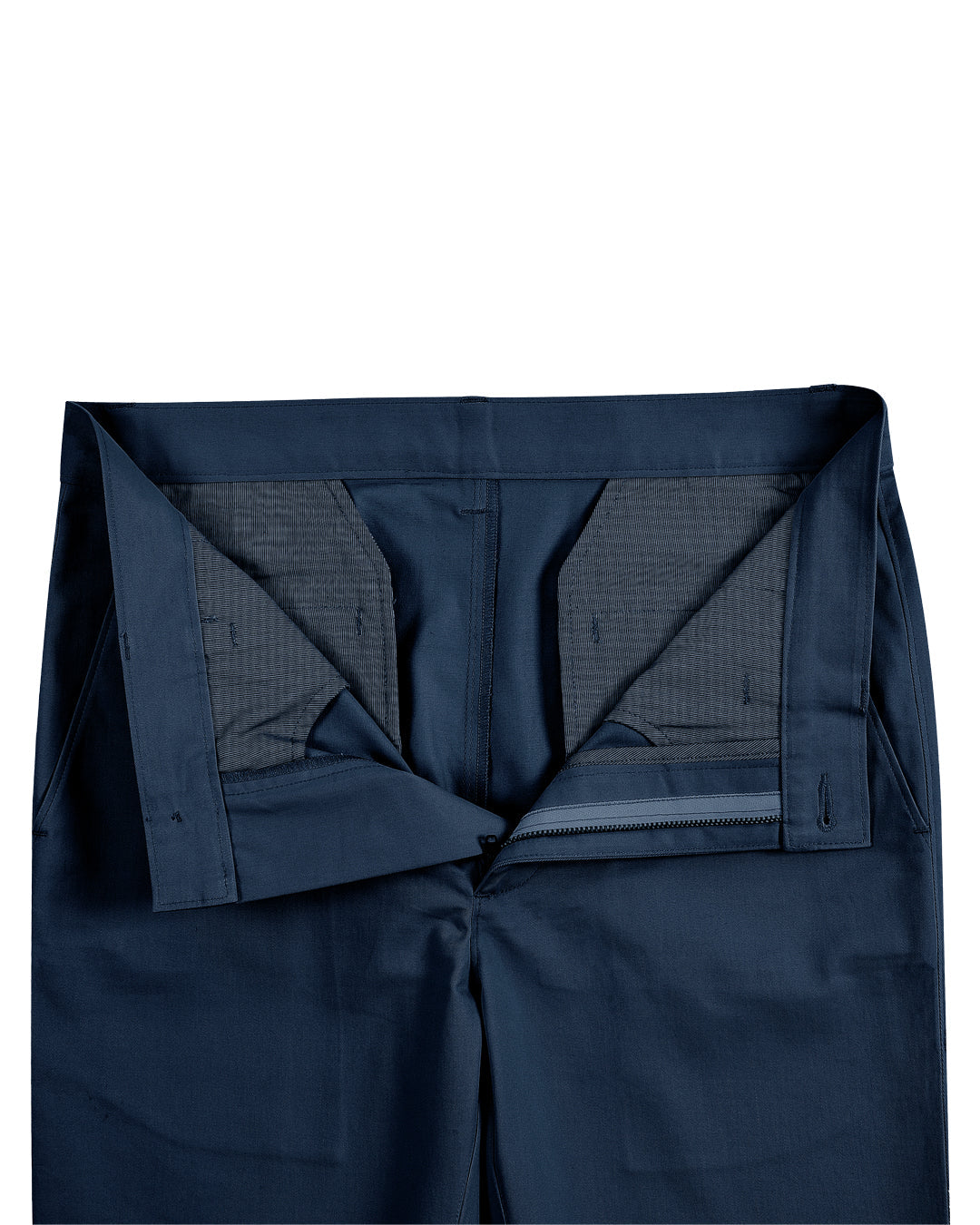 Front open view of custom Genoa Chino pants for men by Luxire in ink blue