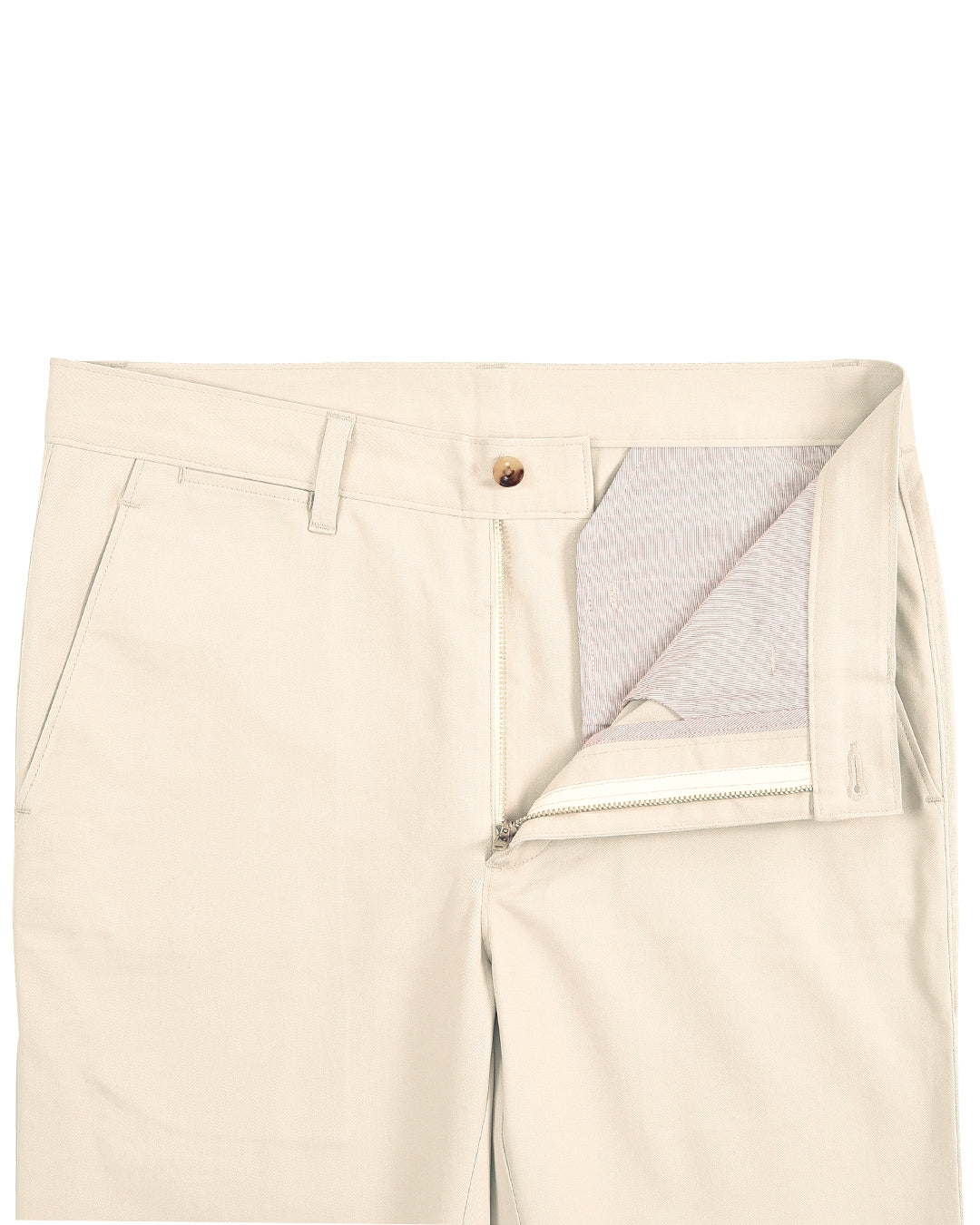 Open front view of custom Genoa Chino pants for men by Luxire in ivory cream