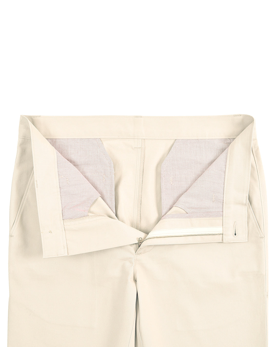 Front open view of custom Genoa Chino pants for men by Luxire in ivory cream