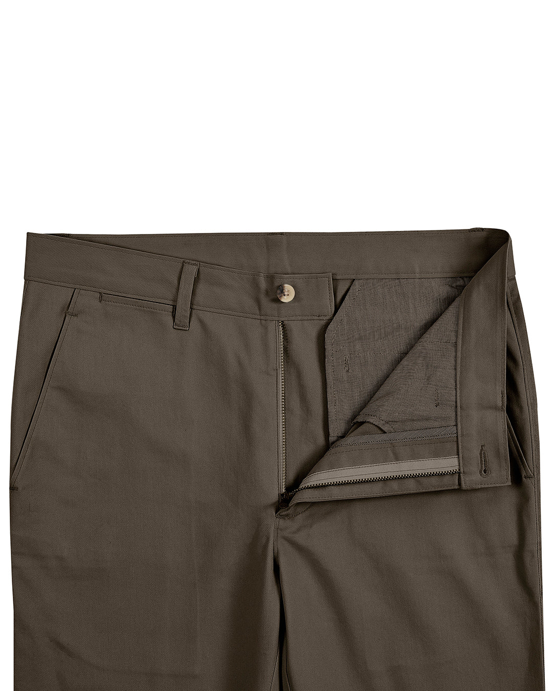 Front view of custom Genoa Chino pants for men by Luxire in khaki brown