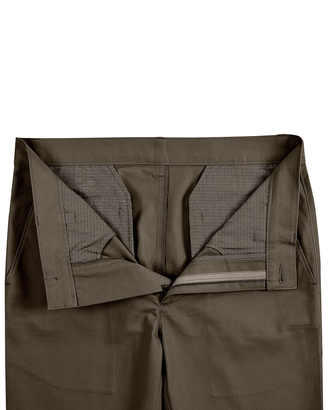 Front open view of custom Genoa Chino pants for men by Luxire in khaki brown