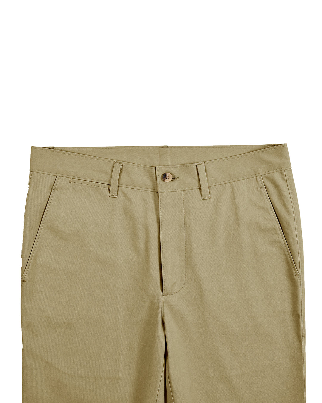 Front profile view of custom Genoa Chino pants for men by Luxire in khaki