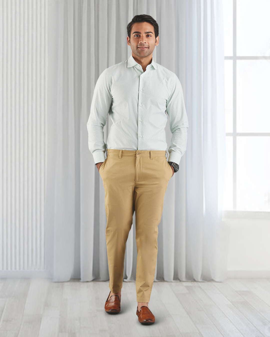 Model wearing custom Genoa Chino pants for men by Luxire in khaki