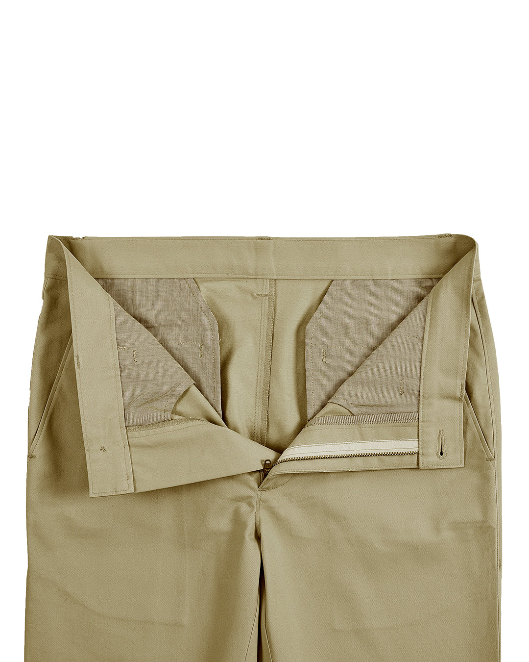 Open front profile view of custom Genoa Chino pants for men by Luxire in khaki
