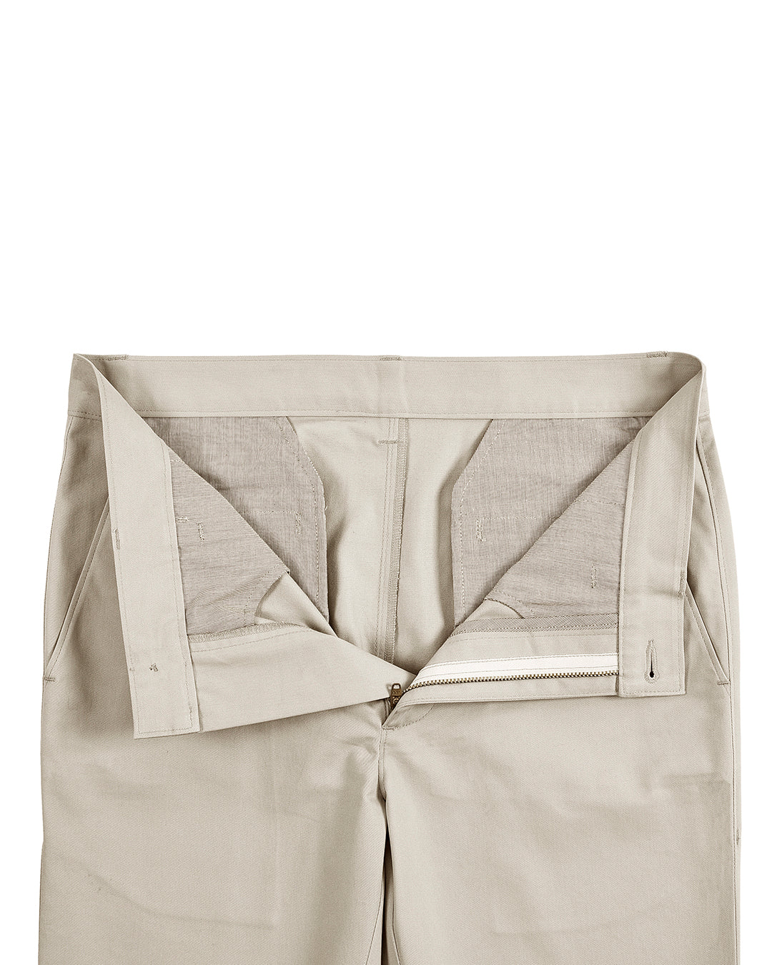 Open front view of custom Genoa Chino pants for men by Luxire in light beige