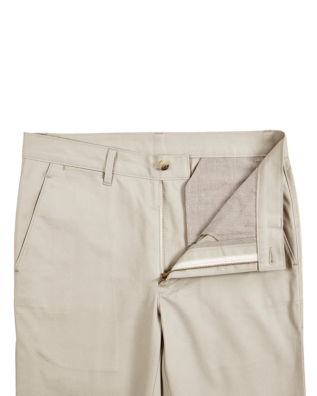 Front open view of custom Genoa Chino pants for men by Luxire in light beige