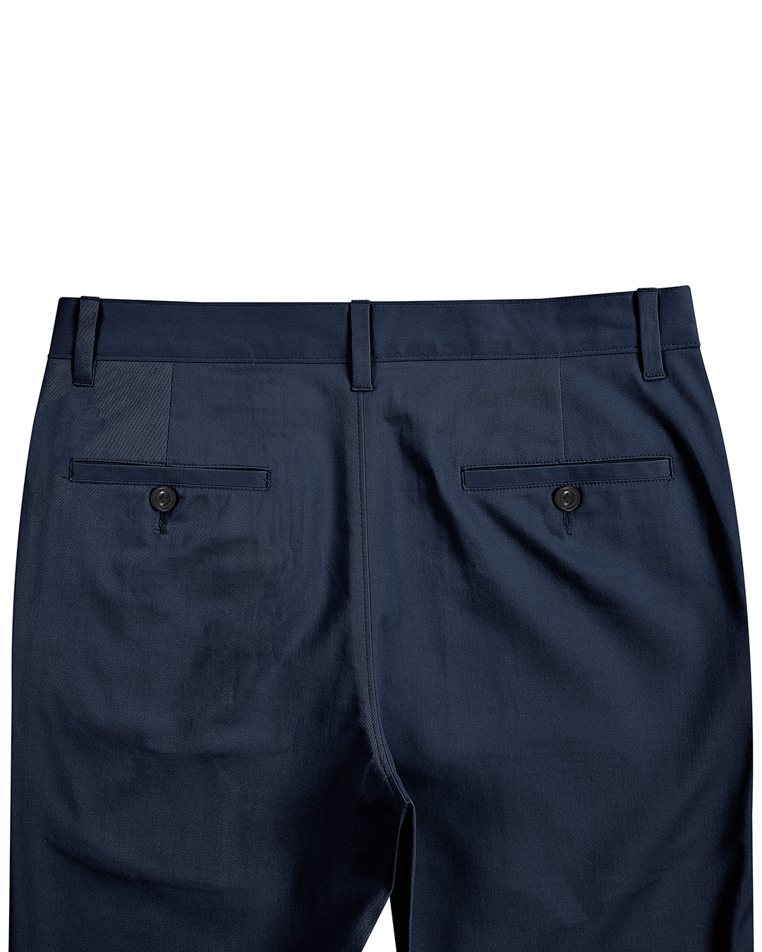 Back view of custom Genoa Chino pants for men by Luxire in midnight blue