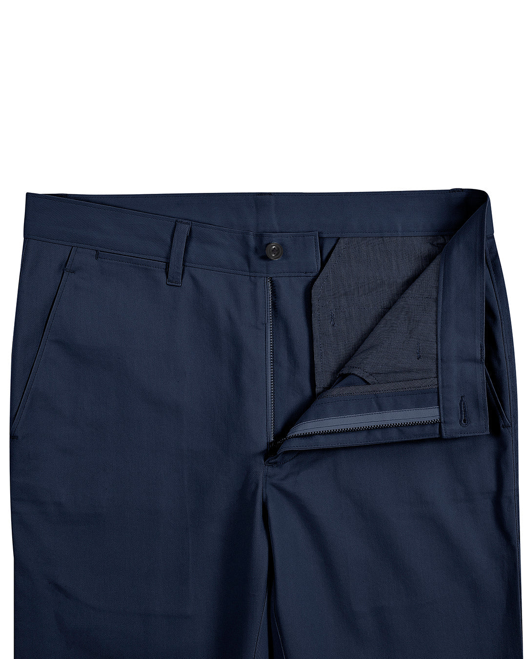 Open front view of custom Genoa Chino pants for men by Luxire in midnight blue