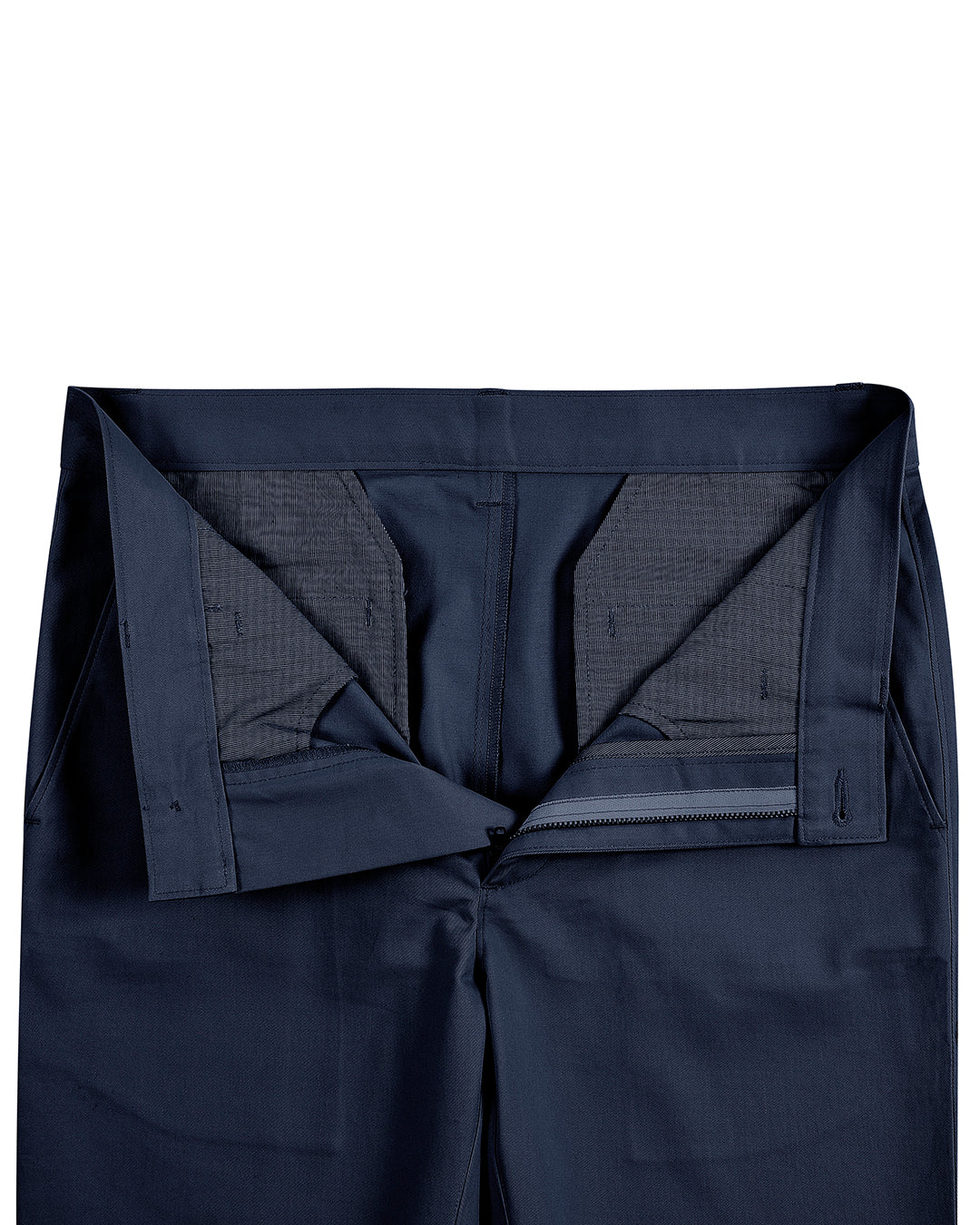 Front open view of custom Genoa Chino pants for men by Luxire in midnight blue