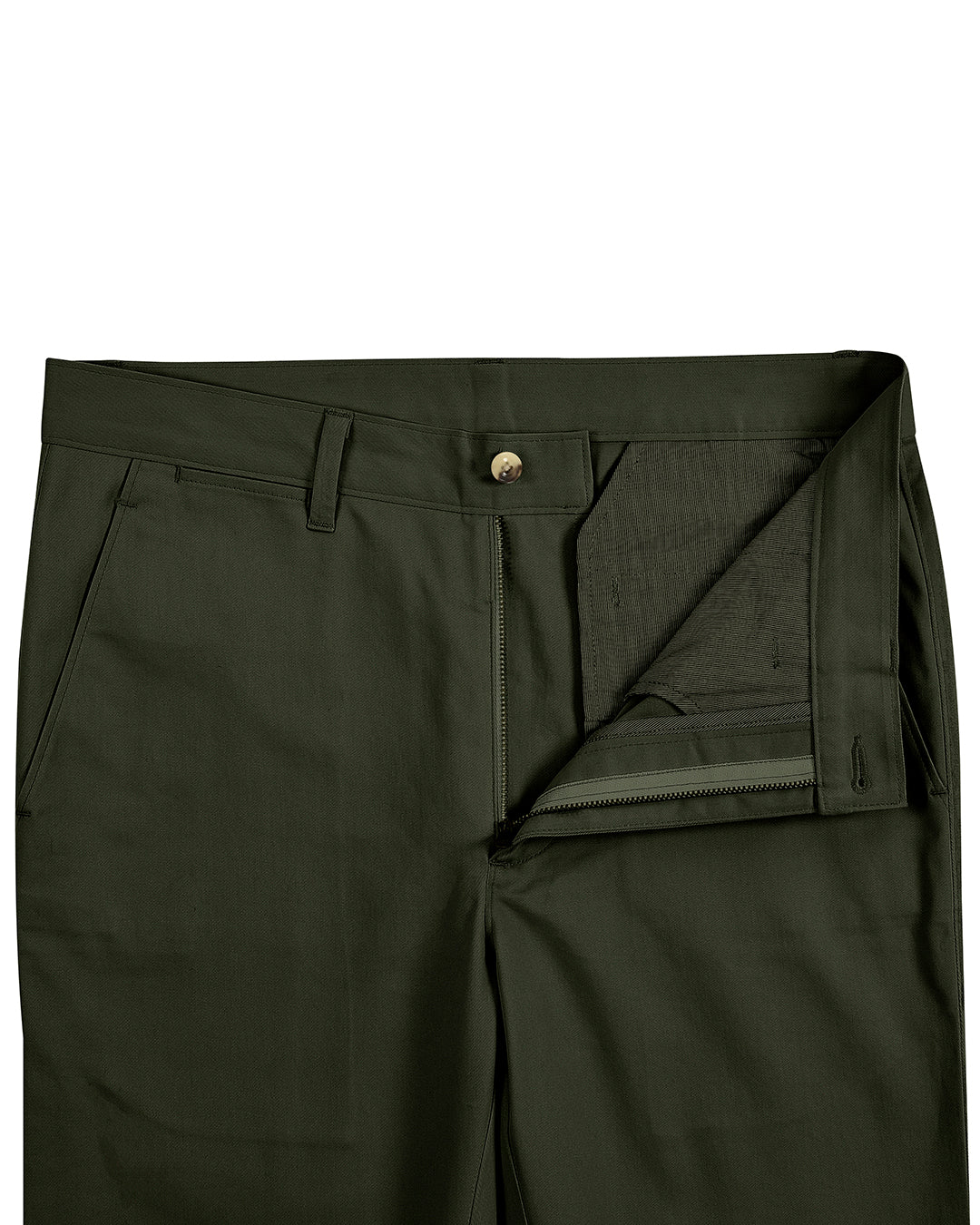 Open front view of custom Genoa Chino pants for men by Luxire in olive green