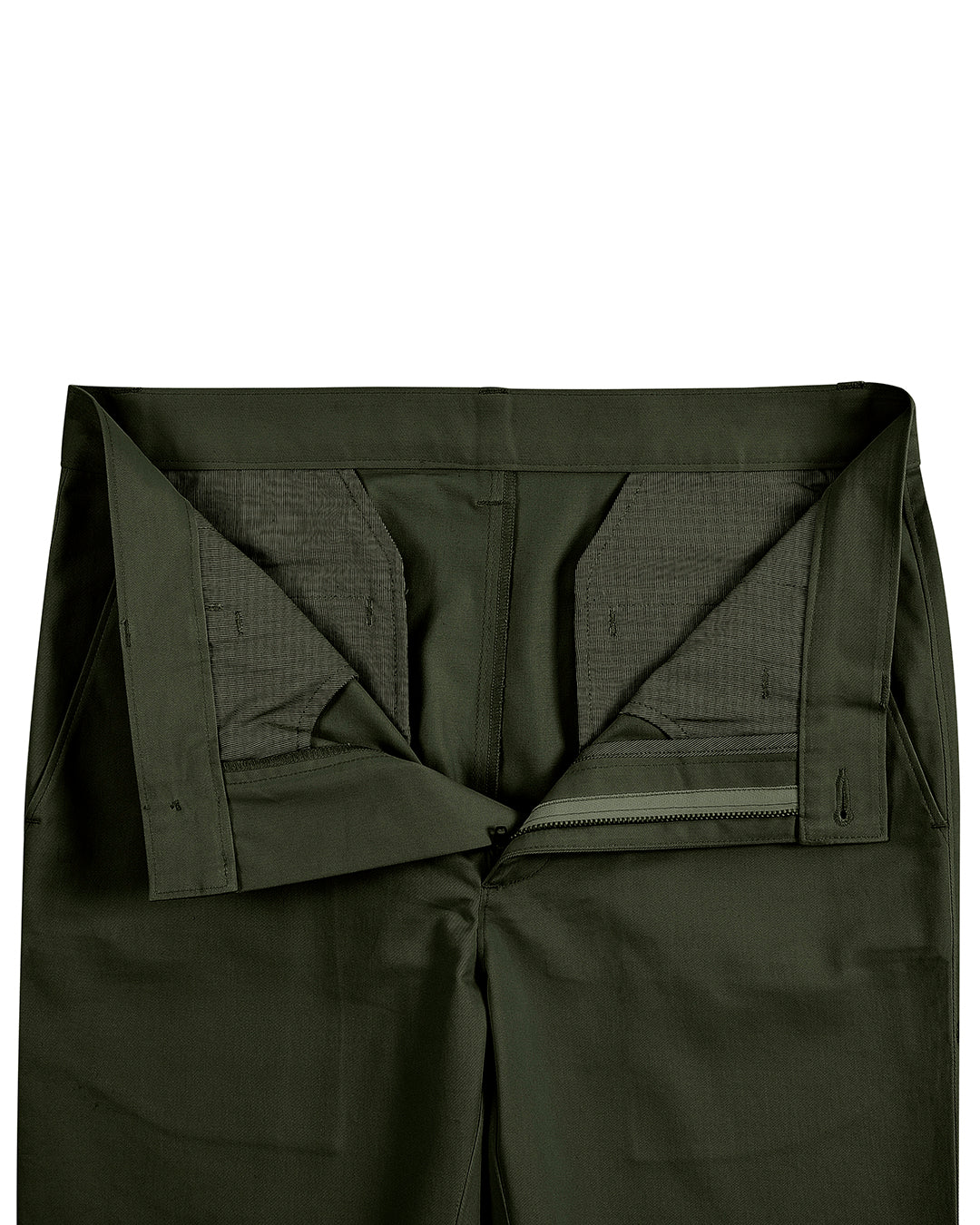 Front open view of custom Genoa Chino pants for men by Luxire in olive green