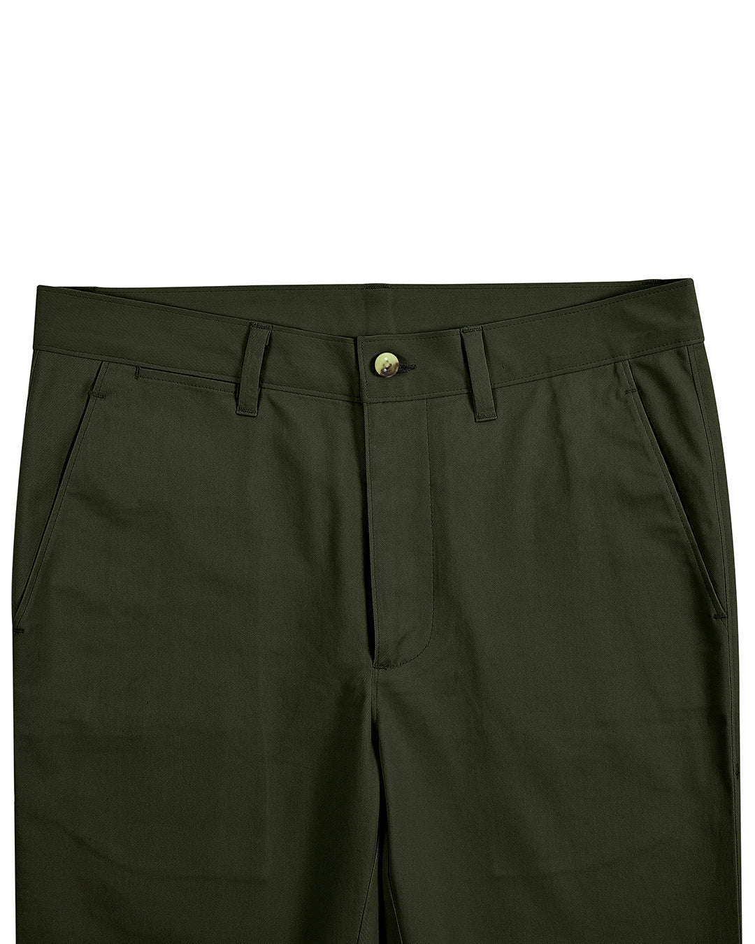 Front view of custom Genoa Chino pants for men by Luxire in olive green