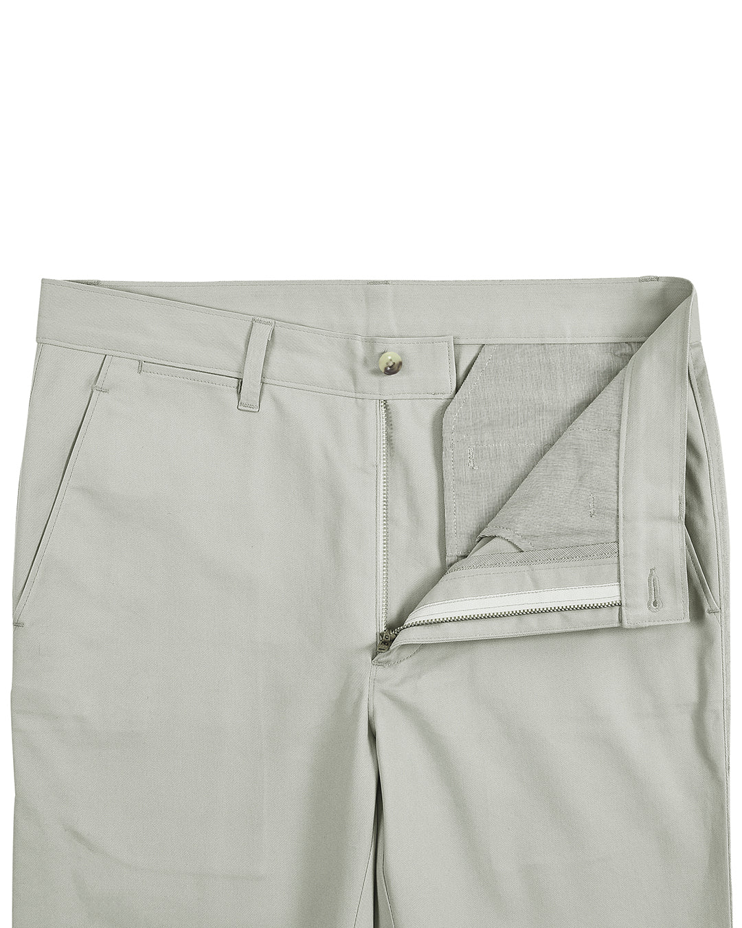 Open front view of custom Genoa Chino pants for men by Luxire in pale green