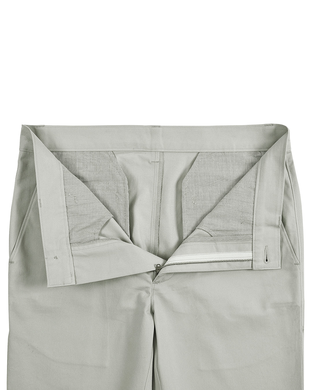 Front open view of custom Genoa Chino pants for men by Luxire in pale green
