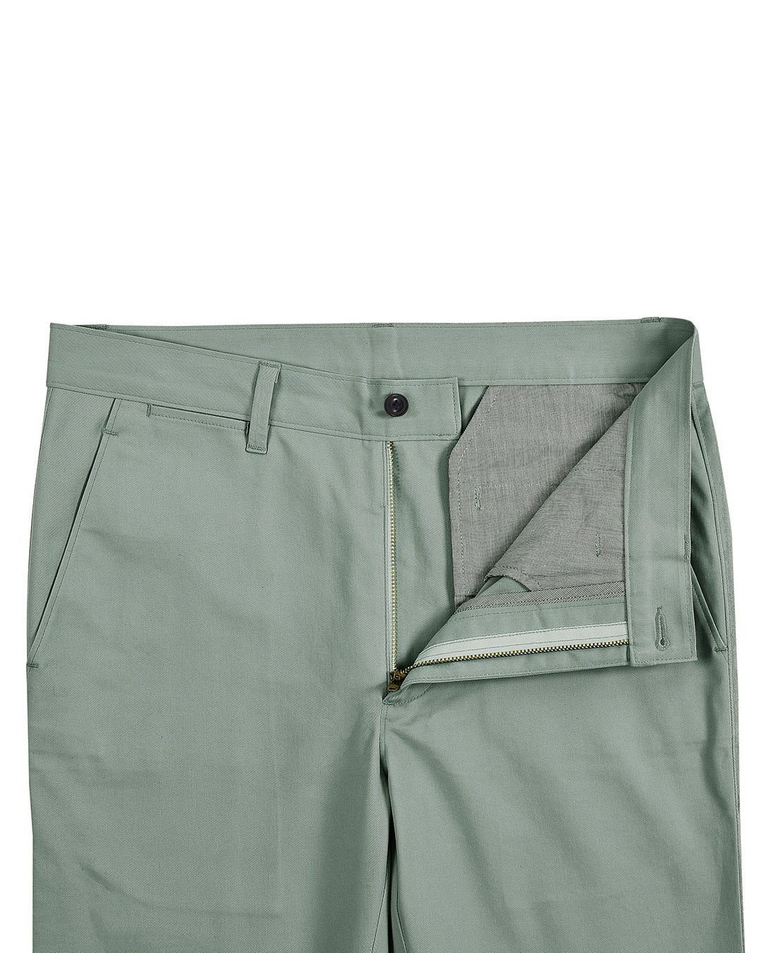 Front open view of custom Genoa Chino pants for men by Luxire in pistachio green