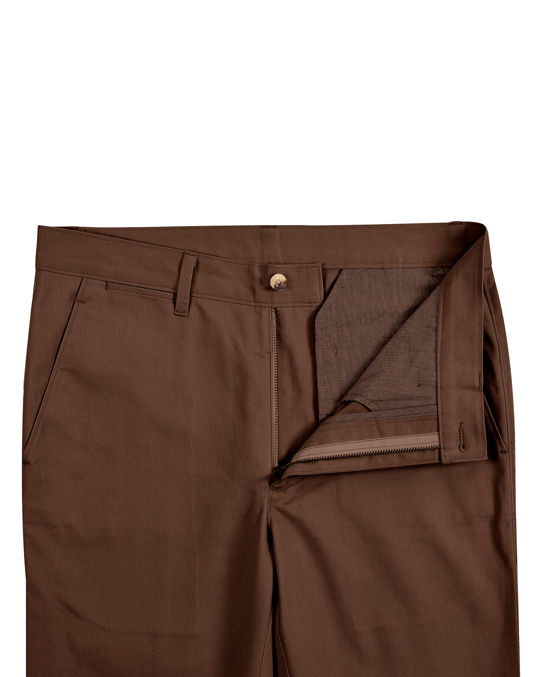 Front open view of custom Genoa Chino pants for men by Luxire in chestnut brown